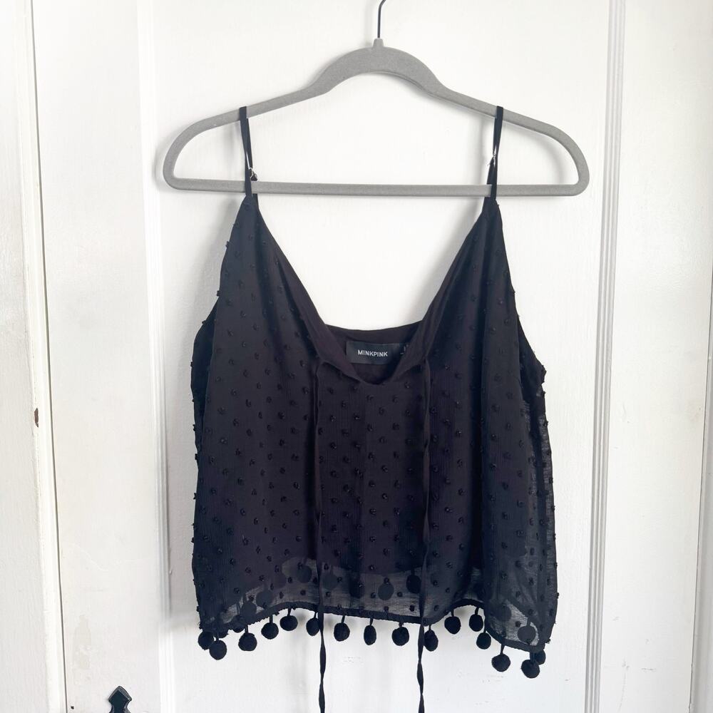MINKPINK Swiss Dot Black Spaghetti Strap Tank Blouse Boho Bohemian Vibes Size L